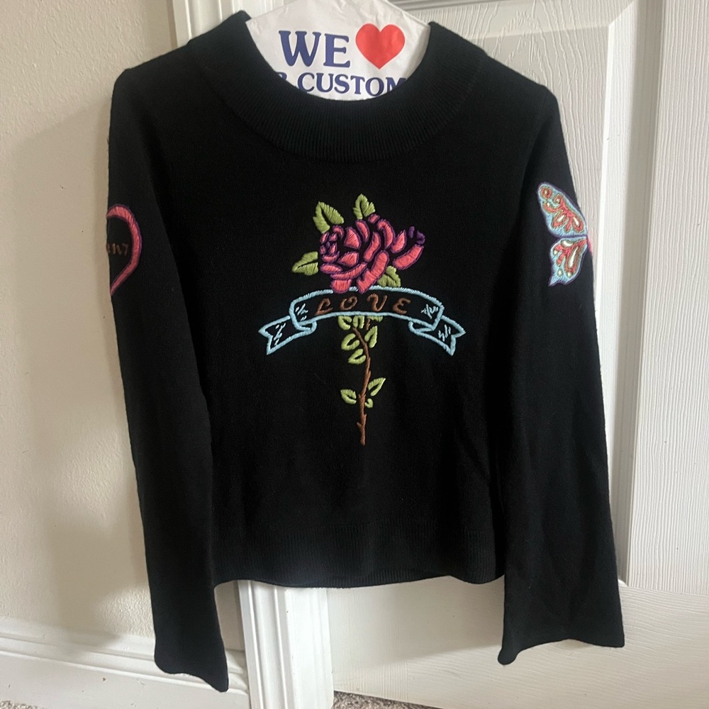 Y2K Black rose embroidered sweater seven7 vintage *EXCELLENT* size S small VTG
